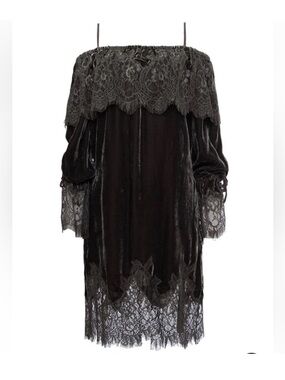 NWT Grey Silk Blend Velvet and Lace Off-Shoulder Dress